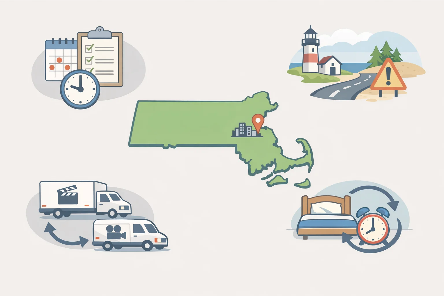 Map-style illustration of Massachusetts filming areas highlighting logistical constraints that can affect the Severance season 3 production schedule and turnaround