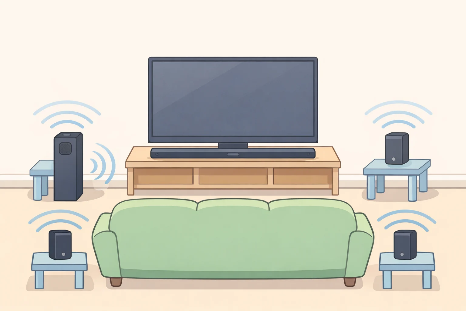Layout diagram of the TCL Q95K soundbar system with a main bar plus wireless subwoofer and rear surrounds positioned for 11.1.4 Dolby Atmos audio