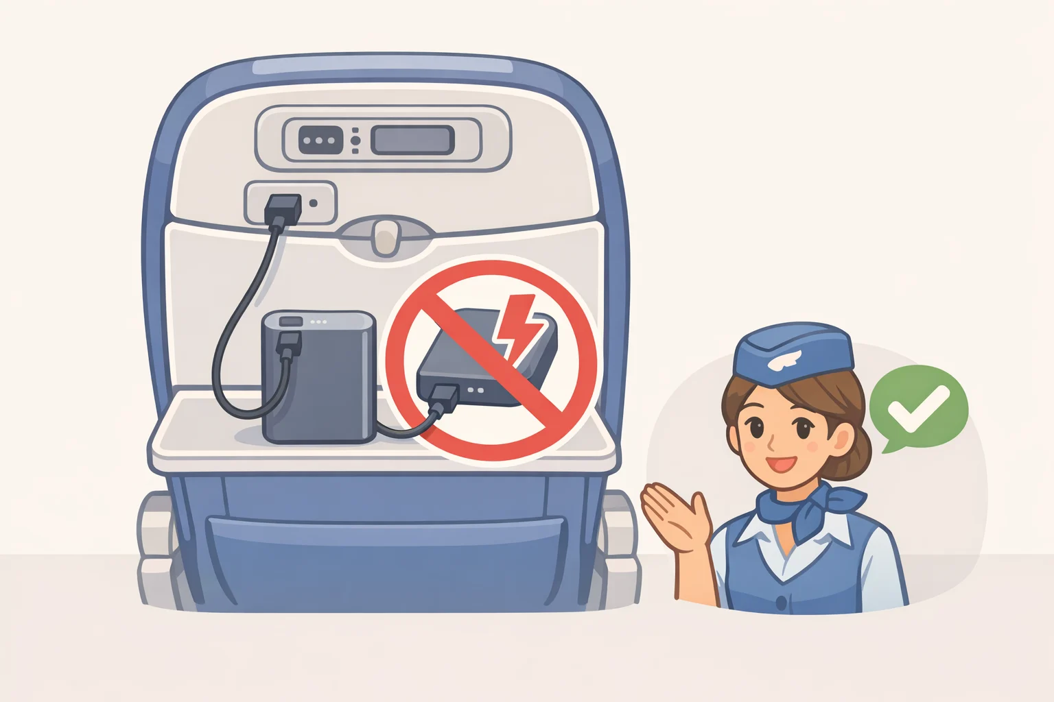 Diagram of a passenger seat where the power bank cannot be recharged via the aircraft USB port, with an arrow indicating use of the cabin crew procedure if overheating occurs