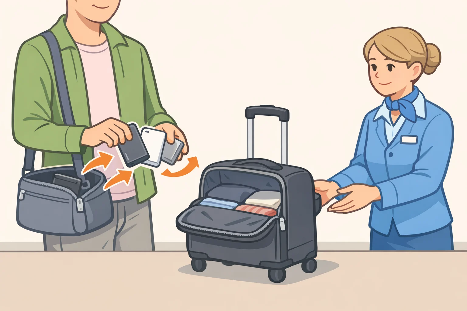 Traveler removing power banks and spare lithium batteries from a carry-on before gate-checking, placing them into a personal item to avoid violations