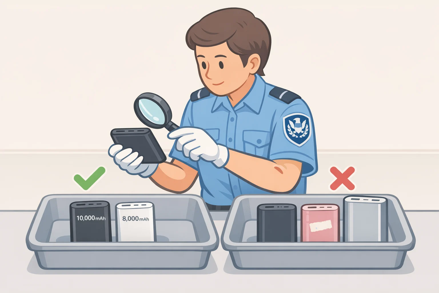 Illustration of airline/security screening showing power banks separated for individual terminal protection, rejected cases for unreadable labels, and enforcement of the two-bank limit