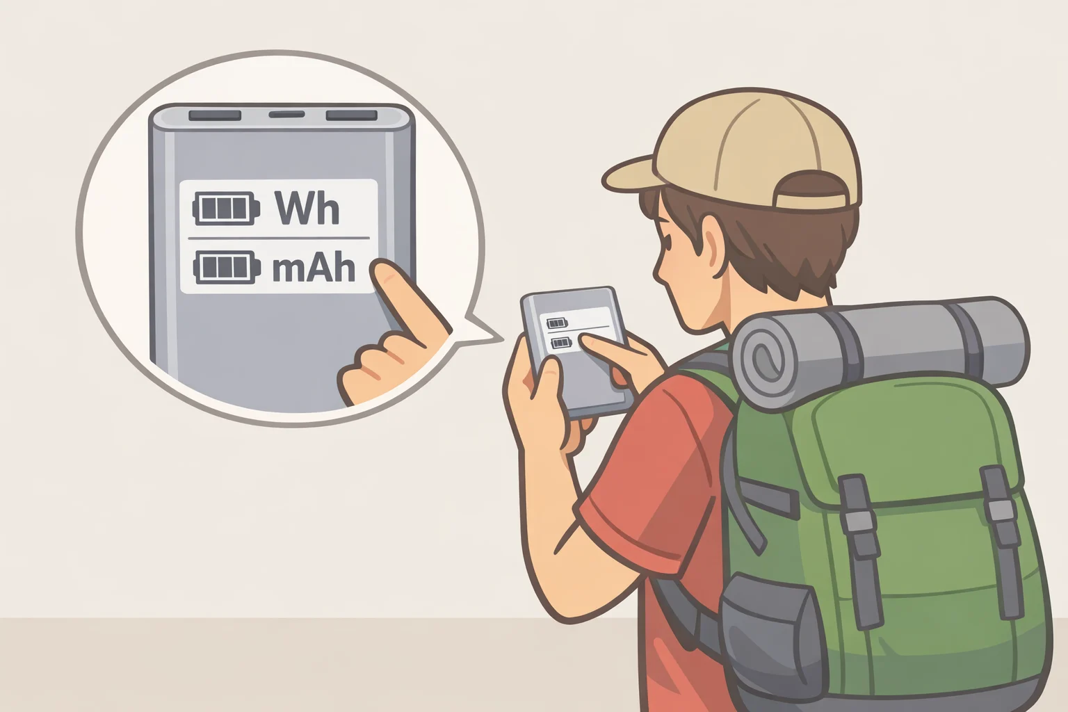 Close-up of a power bank label with a readable watt-hour (Wh) rating and milliamp-hour (mAh) text, showing how to verify can you bring a power bank on a plane
