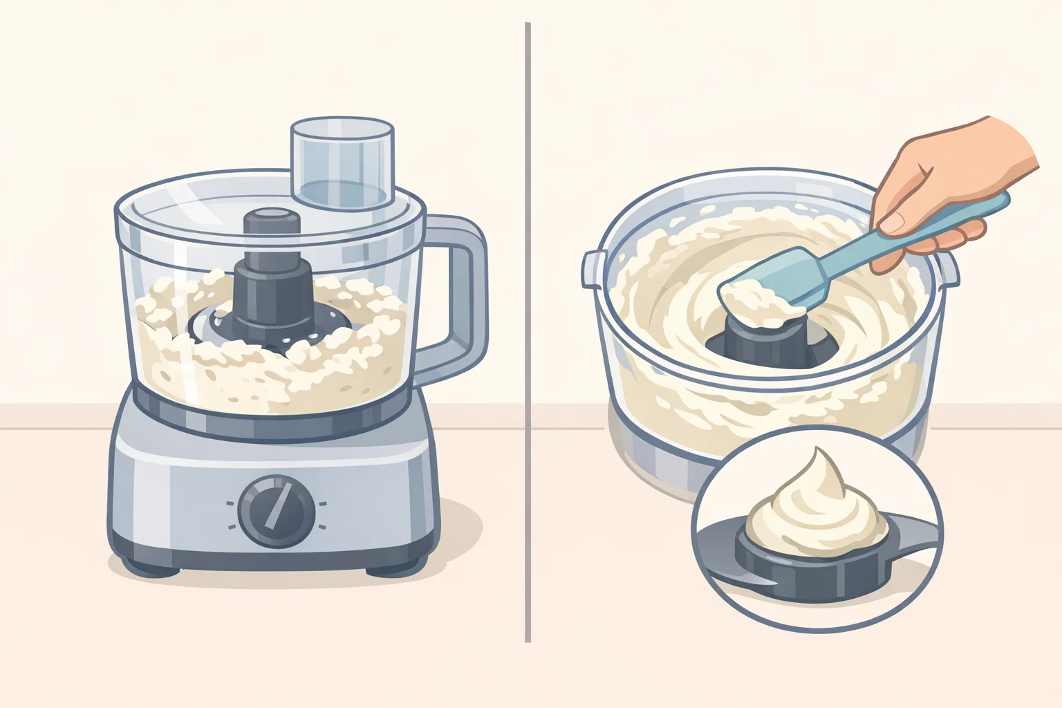 Food processor blending whole-milk ricotta with olive oil and lemon until the mixture becomes smooth and cloud-like with a soft spoonable peak