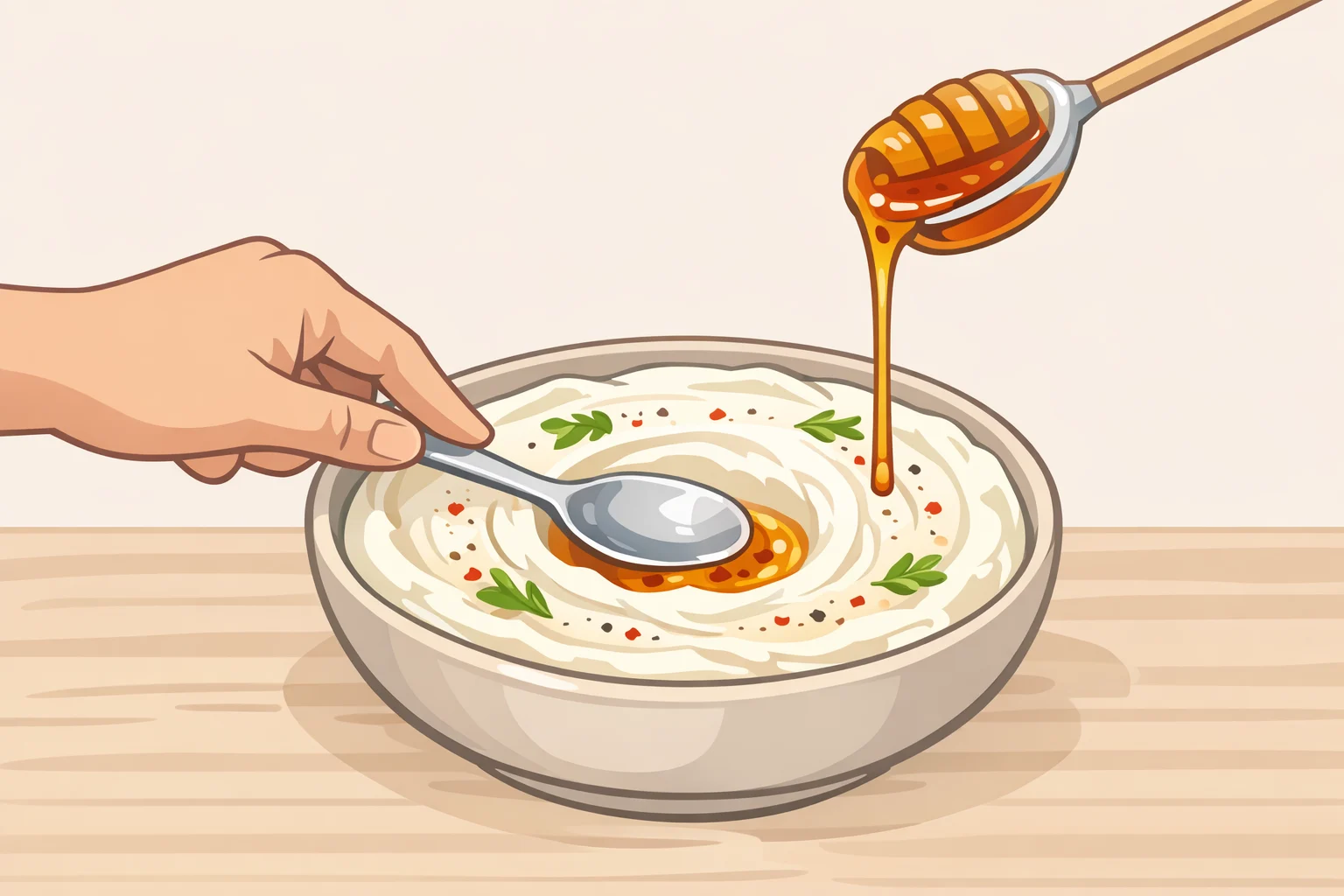 Shallow serving bowl of whipped ricotta with a spoon-made well and a generous drizzle of hot honey, topped with herbs and ready to serve
