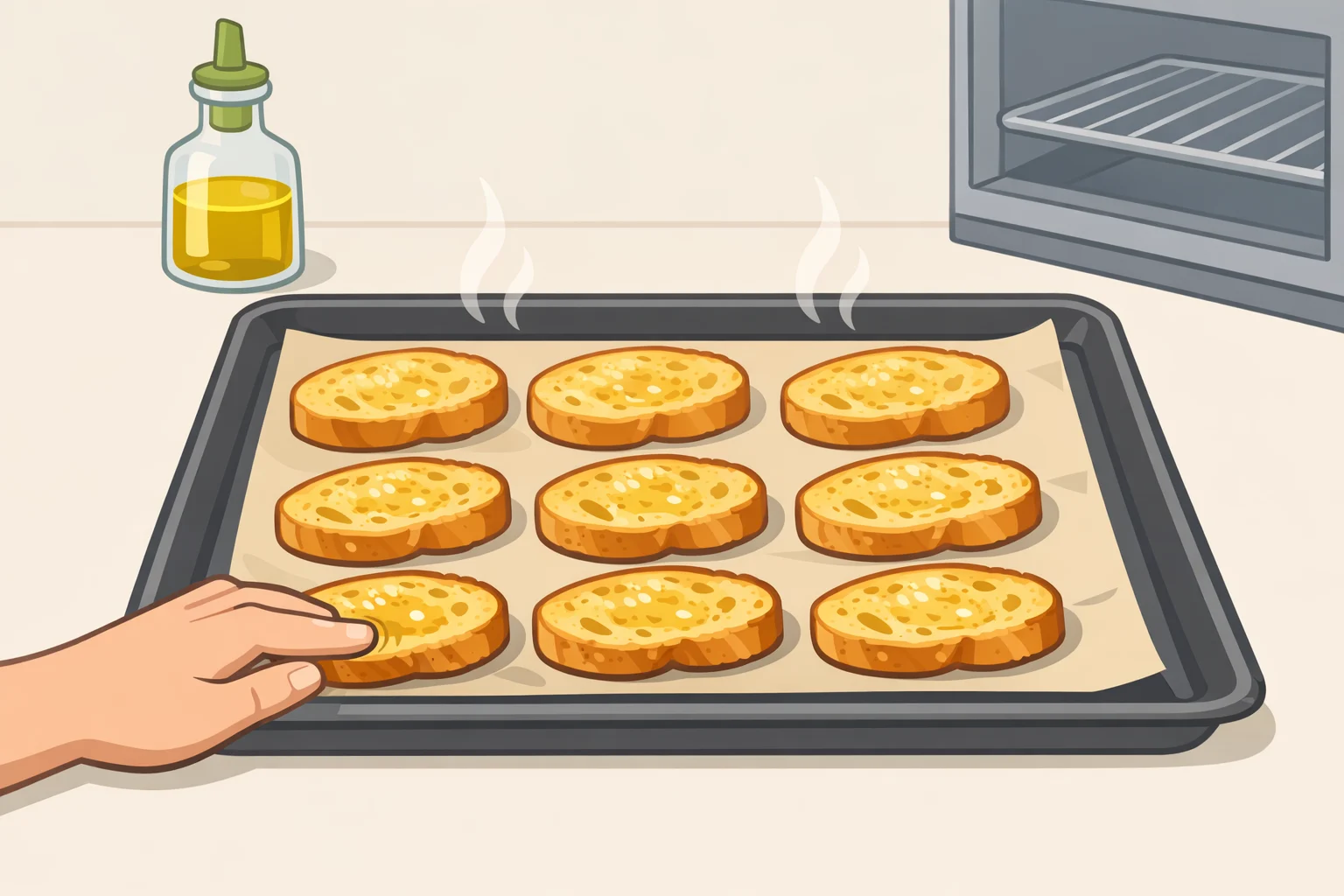 Tray of oven-baked baguette crostini with golden edges and slightly yielding centers, sprinkled with flaky salt and prepared for hot honey whipped ricotta