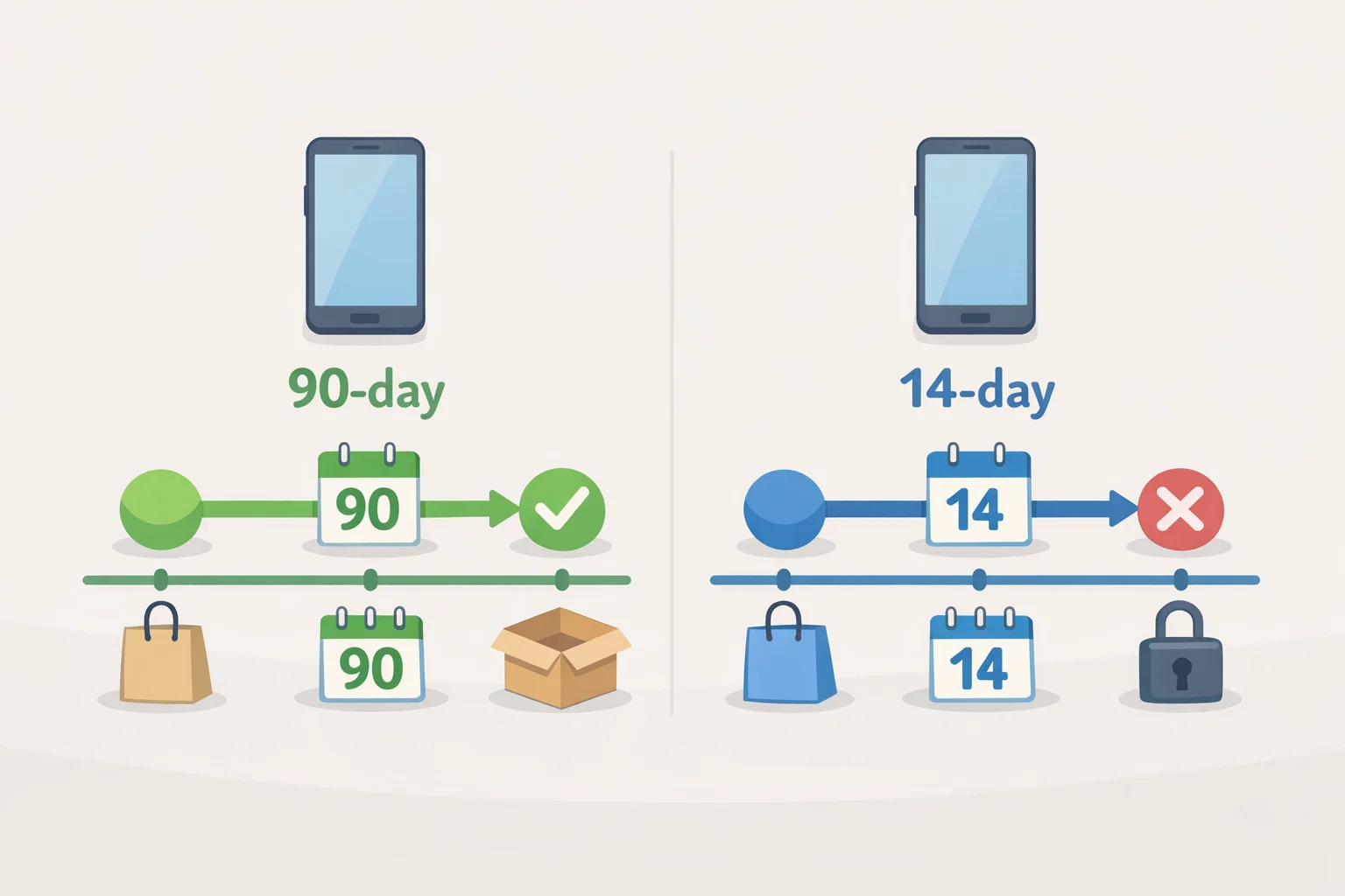 Timeline graphic comparing Costco's 90-day cell phone return window with Sam's Club's 14-day window to highlight the practical difference for buyers