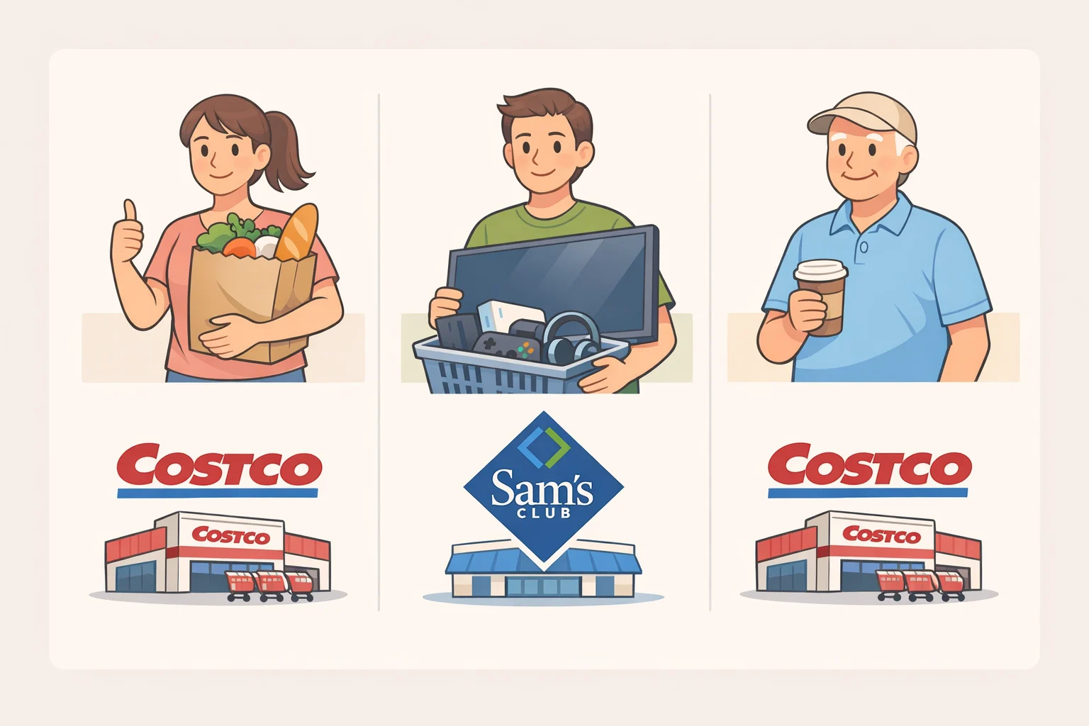 Infographic mapping budget grocery shoppers, electronics buyers, and first-time members to the recommended choice between Costco and Sam's Club based on fees and return windows