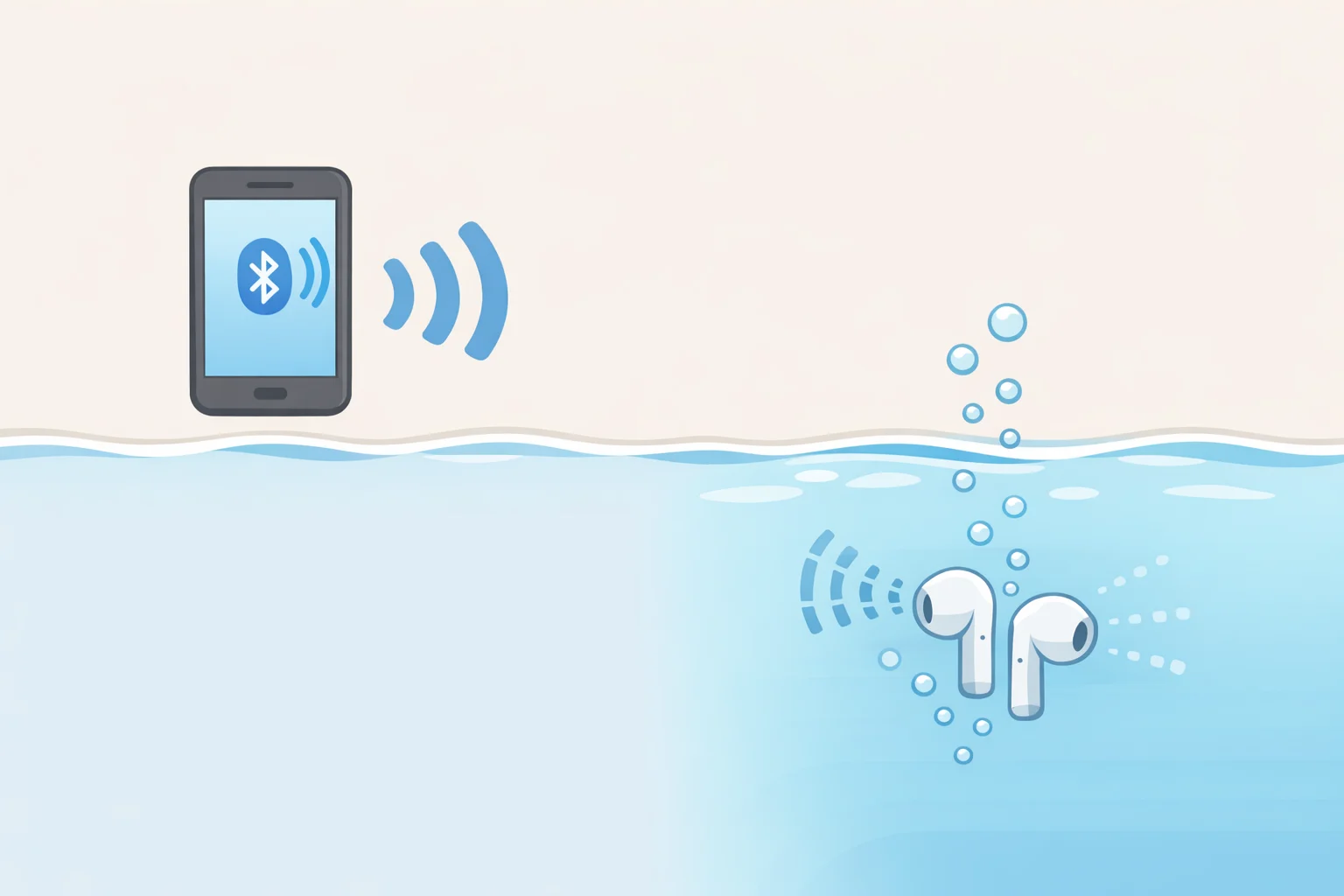 Diagram showing Bluetooth signal strength dropping in water, explaining why swimming headphones vs regular headphones lose the wireless link even when the hardware is waterproof