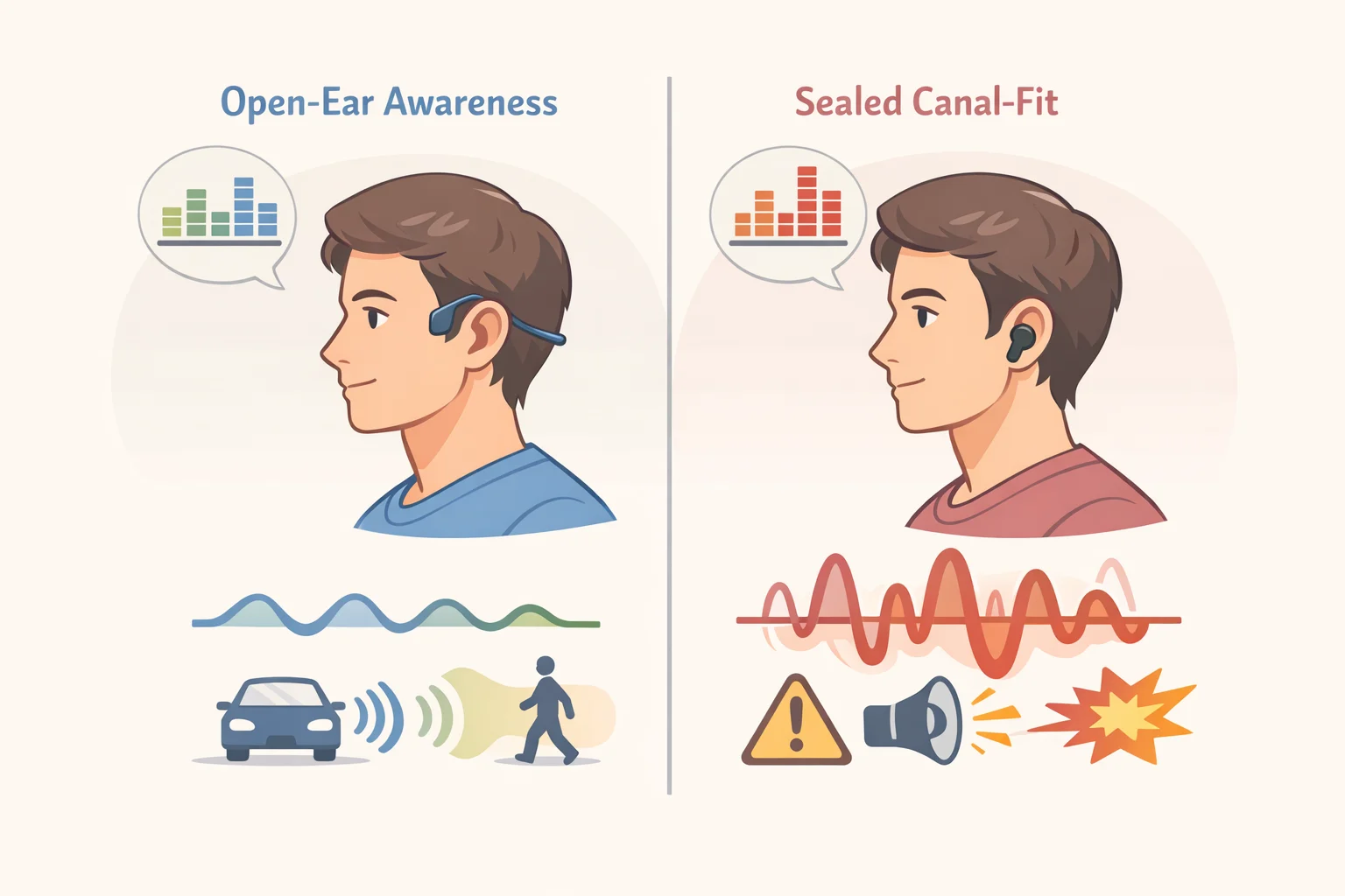 Side-by-side illustration of a swimmer using open-ear bone conduction pads versus canal-fit earbuds, showing ear canal sealing/unseating effects on bass and awareness