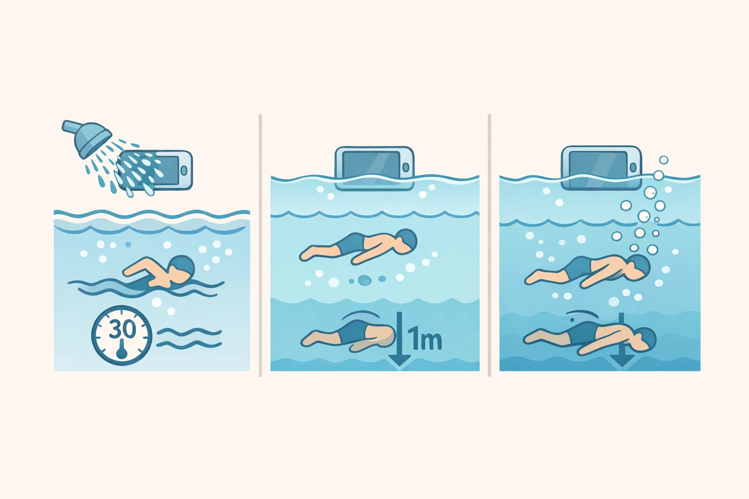 Chart-style image explaining IP rating second digits for water resistance, with examples of IPX7 submersion for 30 minutes versus IPX8 for longer full-submersion swimming