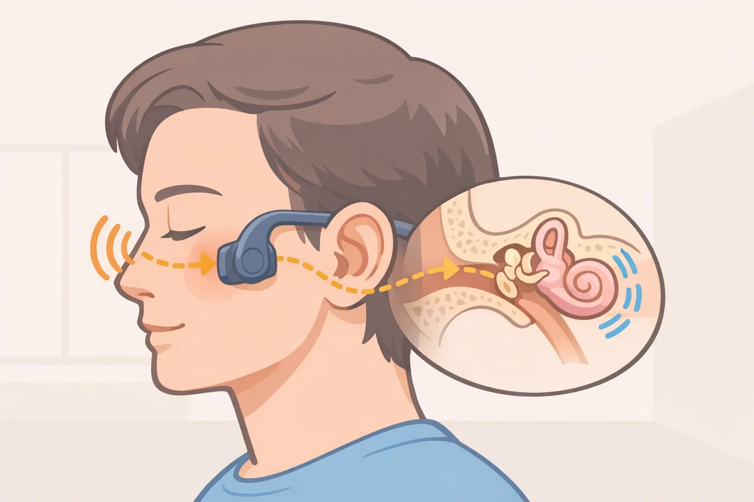 Illustration of bone conduction headphones transmitting audio via cheekbone vibrations to the cochlea while the ear canal remains open