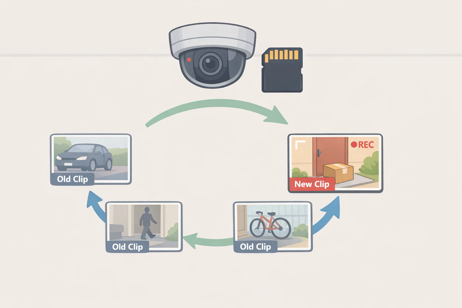 Diagram of a security camera inserting a high-endurance microSD card that records in a circular loop, overwriting the oldest clips when full