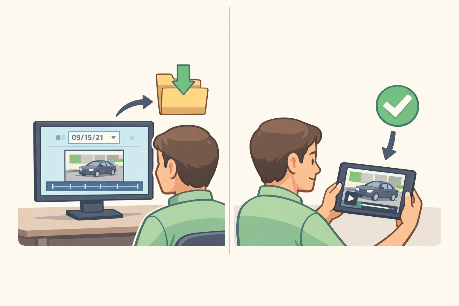 Illustration of a quarterly video retrieval test: selecting a clip by date/time on a microSD/NVR/NAS interface, exporting it, and playing it back to confirm recoverability