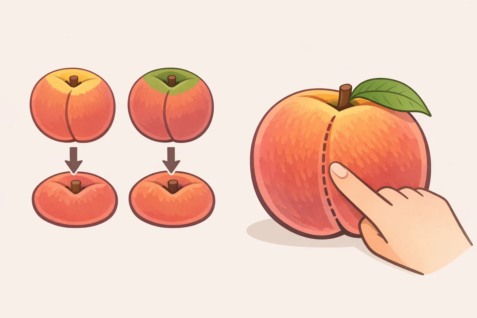 Illustration for how to pick a ripe peach showing correct warm yellow stem-end color and an evenly rounded suture ridge, with dark green stem ends highlighted as a ripeness disqualifier