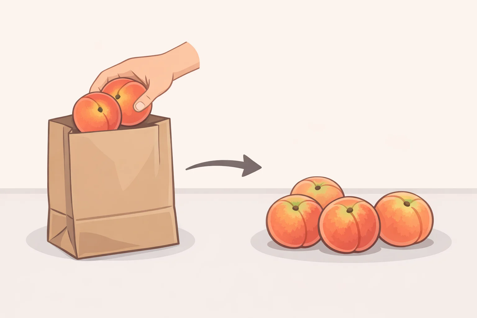 Illustration showing a supermarket bin where all peaches feel too firm, with stem-end warmth guiding selection: warm-colored peaches set aside for a paper bag and others placed on the counter