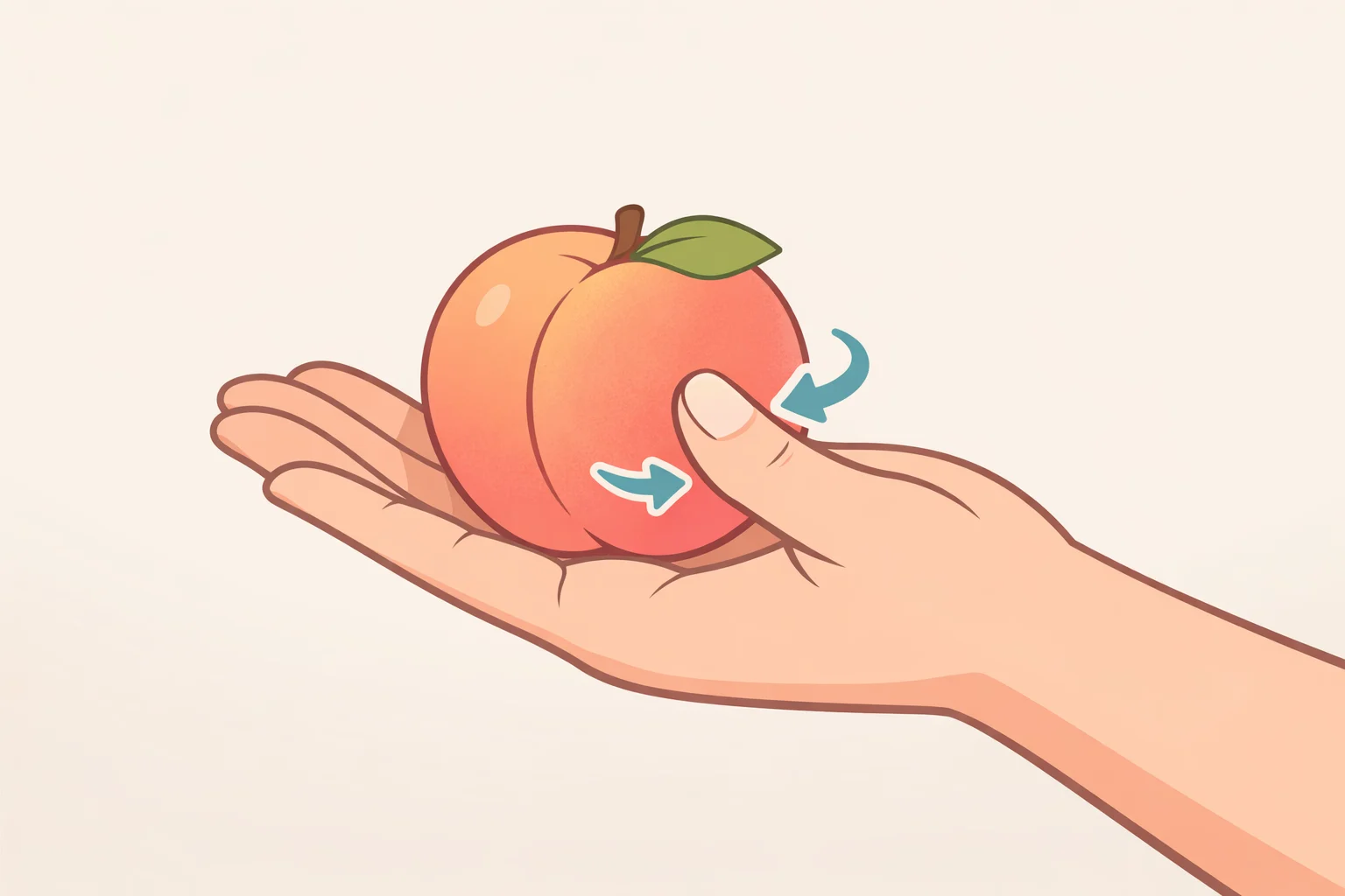 Illustration of a shopper cradling a peach in the palm and applying gentle even pressure to check for slight give while avoiding fingertip pinching