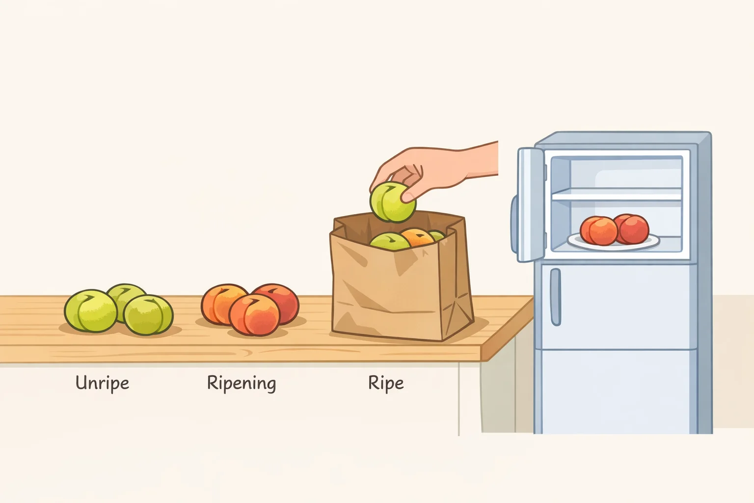 Illustration of three groups of peachesready now on the counter, firmer peaches in a paper bag to ripen for 12–24 hours, and already-ripe peaches placed in the refrigerator