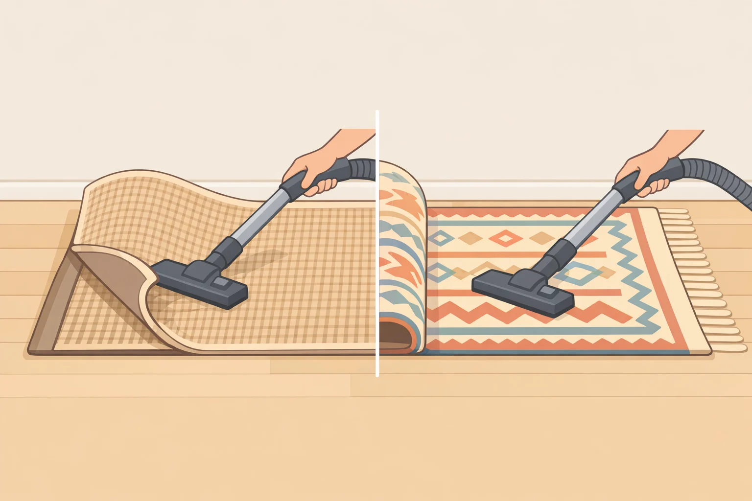 Illustration of vacuuming an area rug slowly on the top surface and then flipping it to vacuum the underside and backing to remove embedded debris
