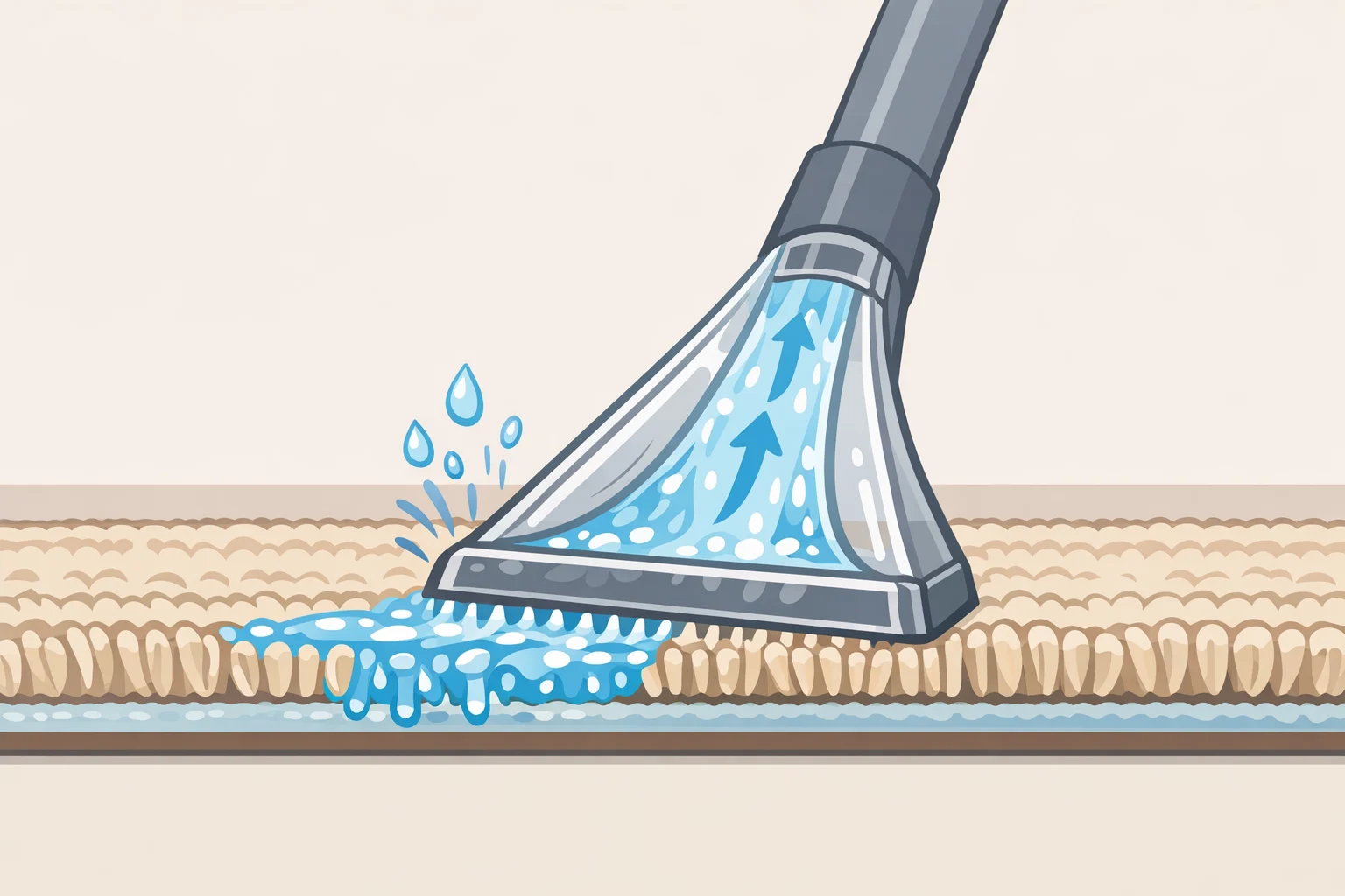 Diagram showing a carpet cleaning machine making a slow final extraction pass across a rug to remove leftover water from the fibers
