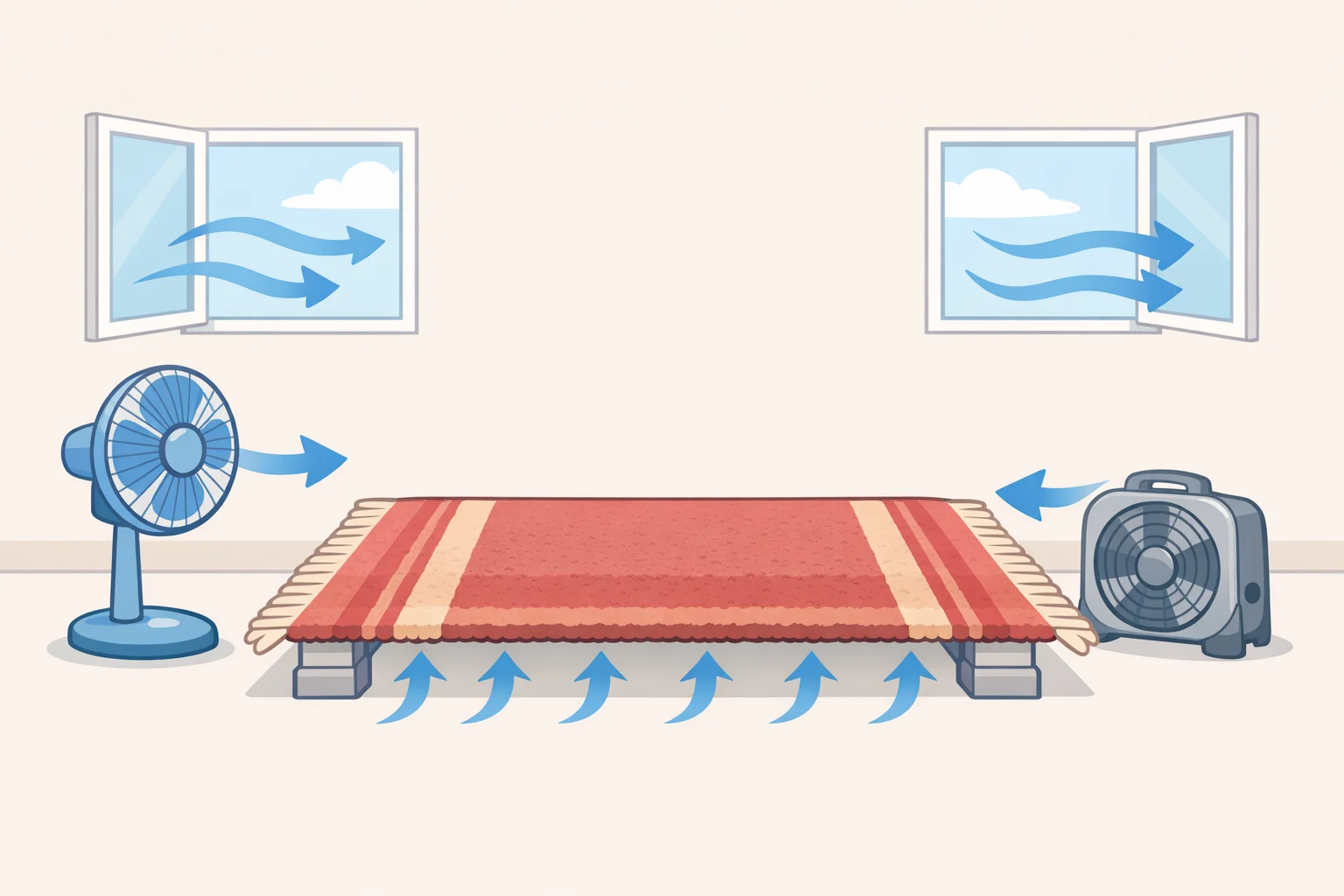 Illustration of drying a deep-cleaned rug using fans across the surface, open windows or HVAC airflow, and elevating one end so air circulates under the rug to prevent mold