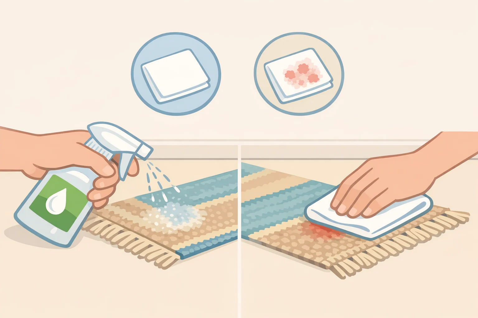 Close-up of how to deep clean a rug at home by applying a small carpet cleaning solution to an inconspicuous rug corner, blotting after 2–3 minutes, and checking for discoloration or fiber distortion