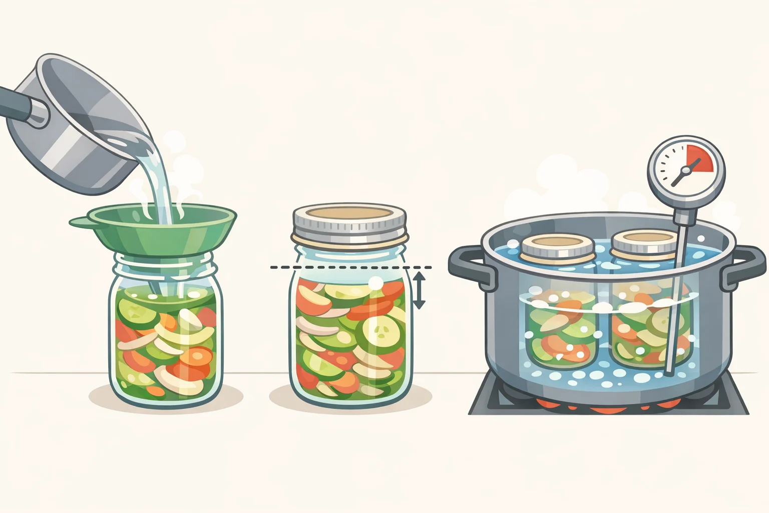 Illustration of jars in a boiling-water canner and a low-temperature pasteurization setup with a thermometer, including correct headspace and brine temperature targets