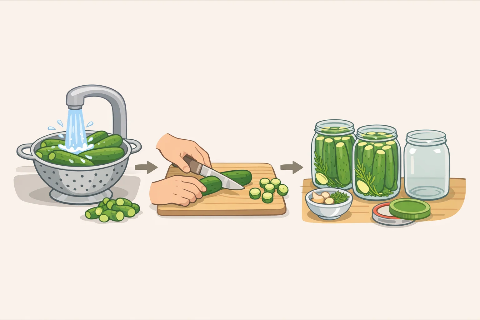 Illustration of rinsed pickling cucumbers with the blossom end trimmed off, showing clean cutting lines and placement readiness for jar filling