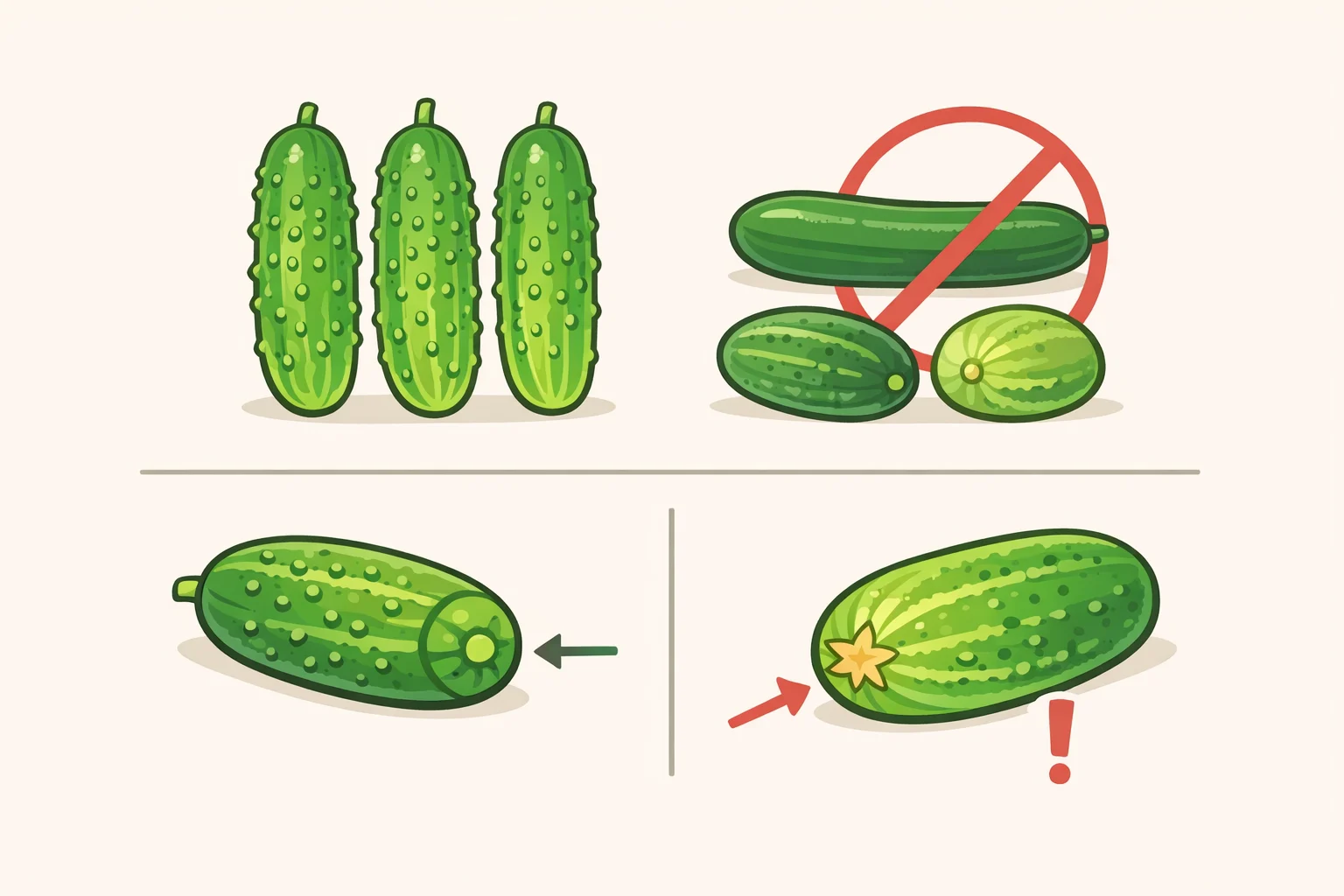 Illustration comparing true pickling cucumbers versus slicing cucumbers, highlighting the slim prickly bumps and identifying the blossom end that should be trimmed for how to make old-fashioned pickles