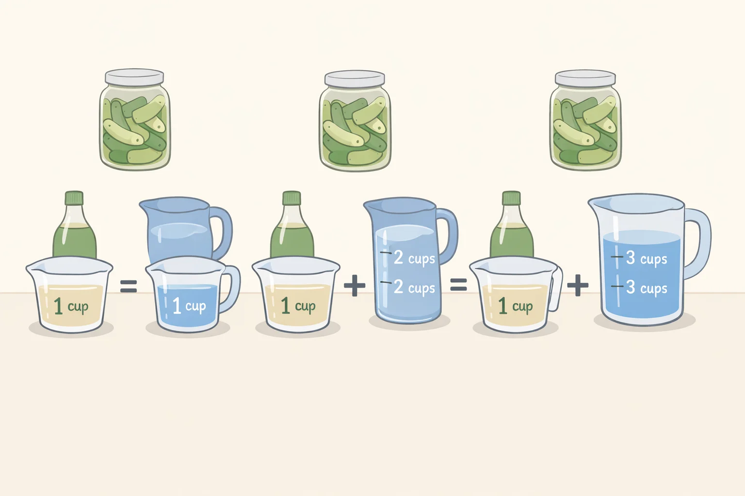 Illustration showing a safe quick-process brine measuring guide with 5% vinegar and water at tested ratios, emphasizing that proportions must not be altered