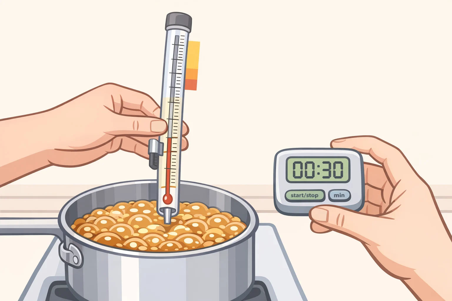 Caramel being stirred in a saucepan with a candy thermometer reading around 238°F for the s'mores millionaire bars recipe to reach the soft-ball stage before cooling and pouring