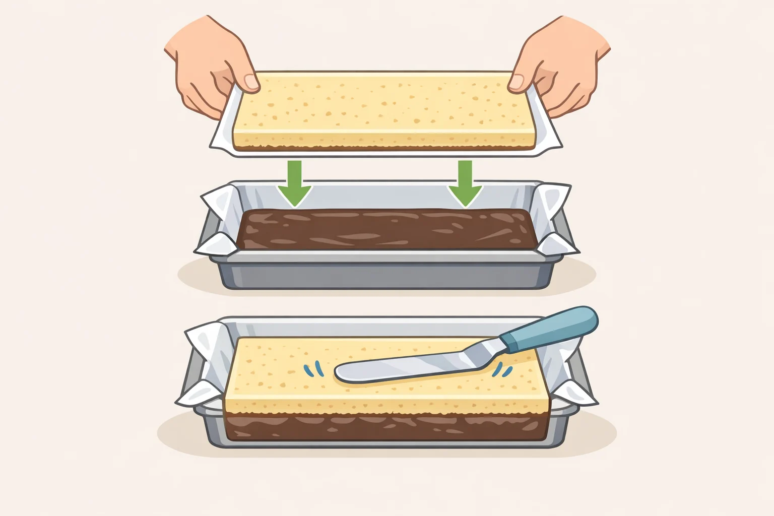 Build B assembly showing a rigid frozen top graham cracker shortbread slab being laid onto a set chocolate fudge layer and pressed lightly for even coverage