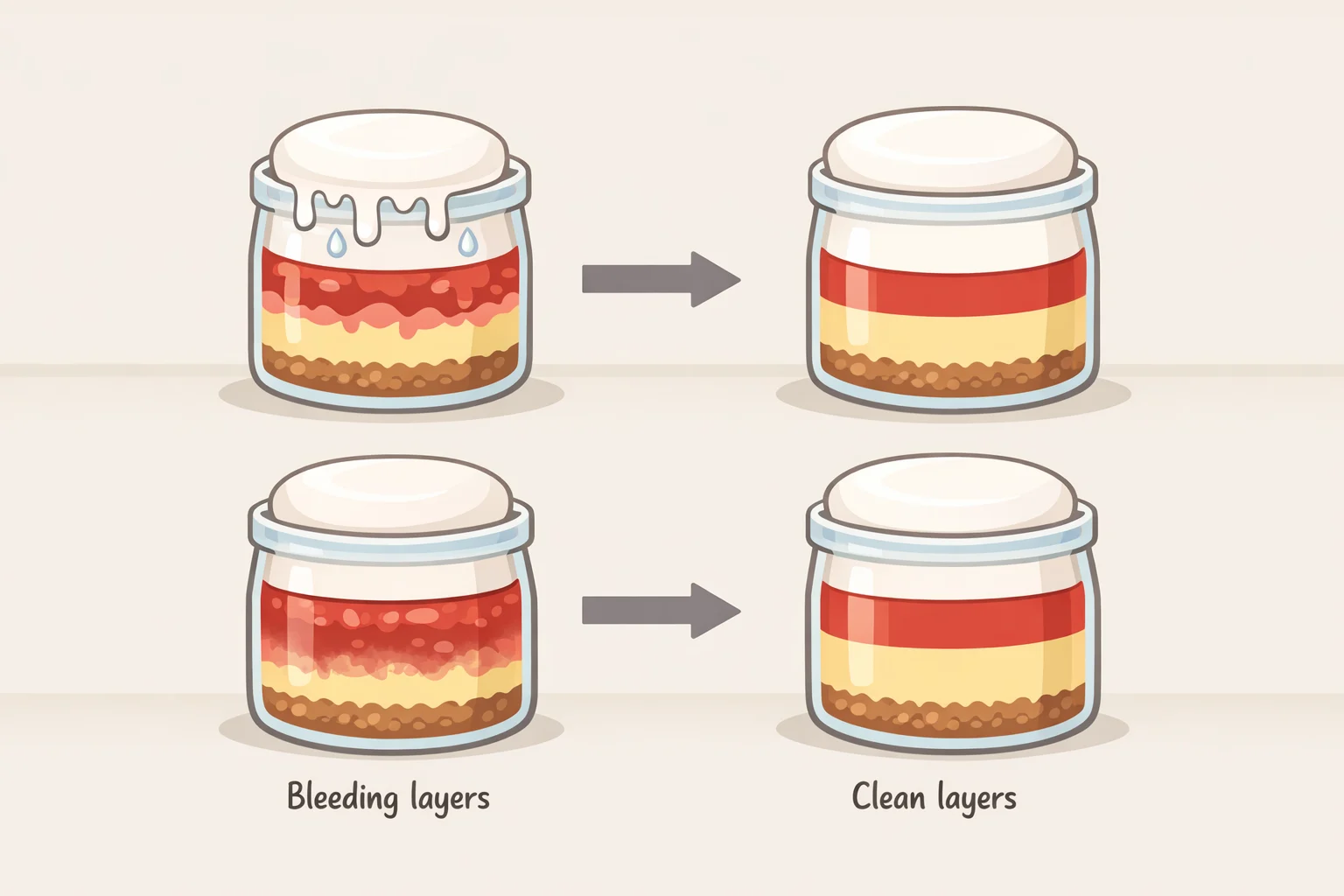 Side-by-side troubleshooting chart for s'mores millionaire bars showing failed caramel that stays glossy, bleeding ganache layers, crumbled shortbread, and weeping marshmallow creme with the correct fixes for each