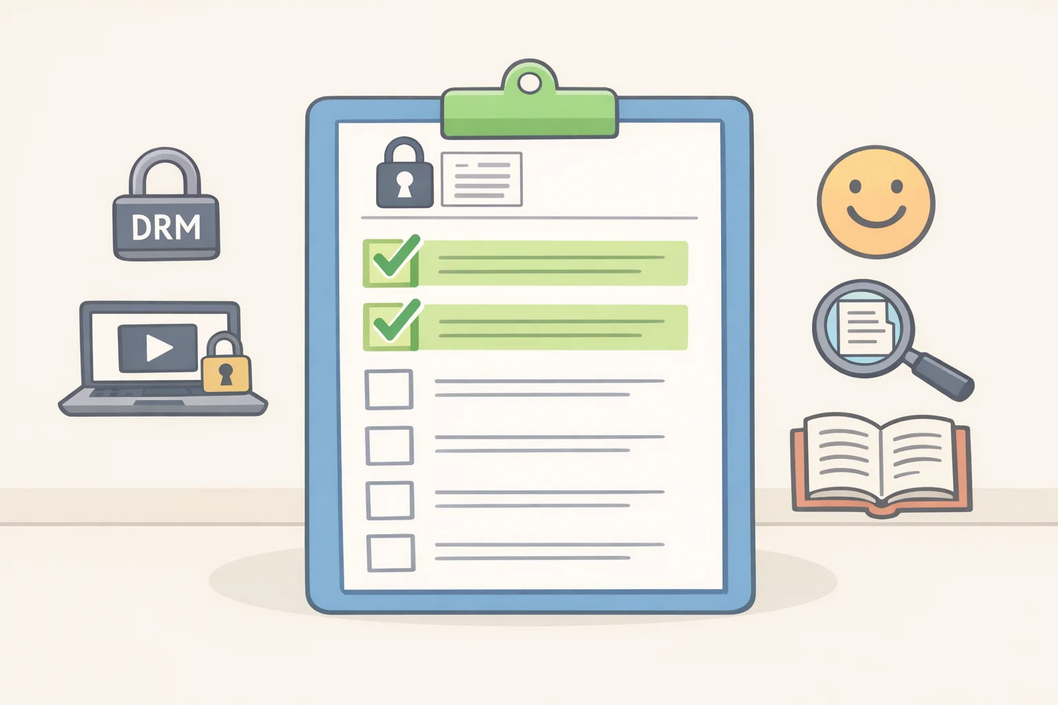 Illustration of a storefront checkout and gaming policy checklist requiring offline single-player functionality, plain-language revocable license disclosures, and an end-of-life offline option