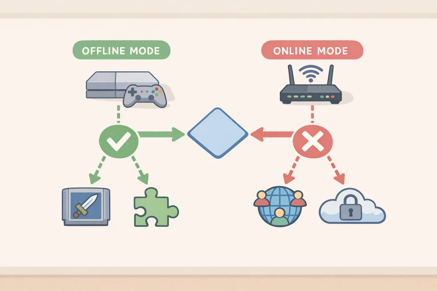 Flowchart-style illustration showing the differing levels of offline protection for disc-based offline single-player, disc-based live-service titles, and fully digital games requiring third-party online verification