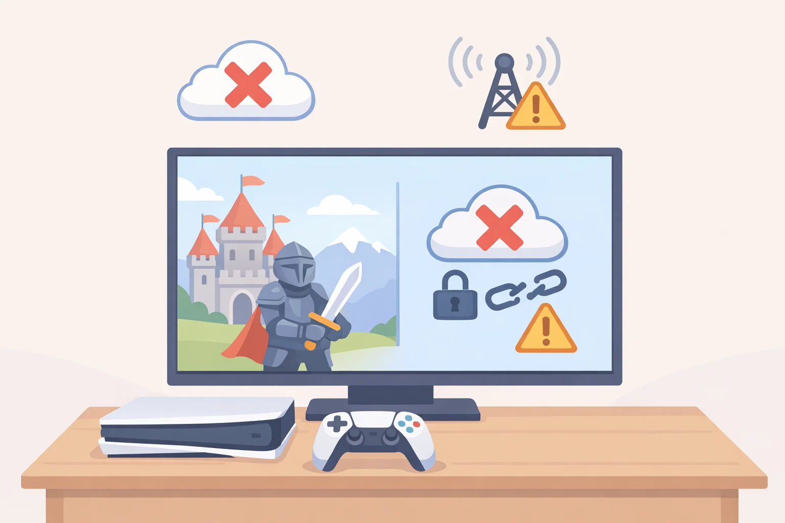 Diagram of an Xbox or PlayStation console that has the game files locally but cannot verify the digital license during an outage, illustrating why physical game discs still matter