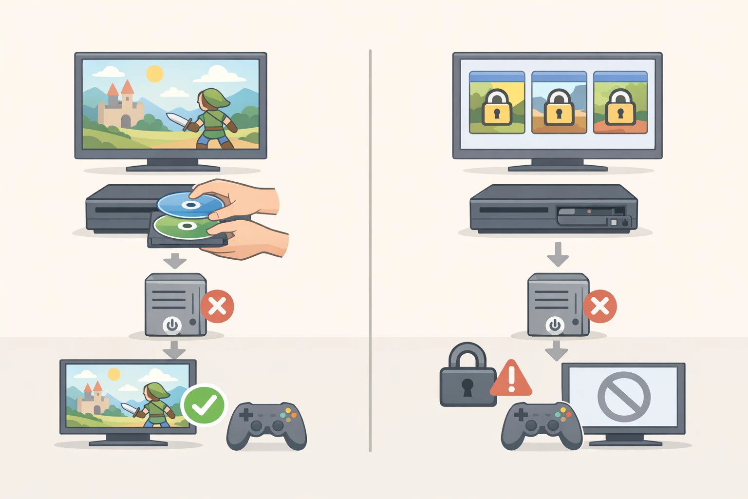 Side-by-side illustration of a physical disc being inserted to launch a game versus a digital purchase showing an access revoked or removed-library message after the servers shut down
