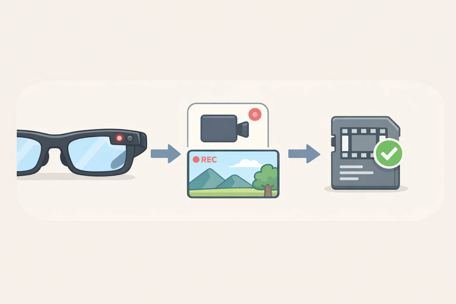 Diagram of Disney music Meta smart glasses recording: a tap or voice command activates the camera, the recording LED lights up, and captured video is saved to internal memory before transfer