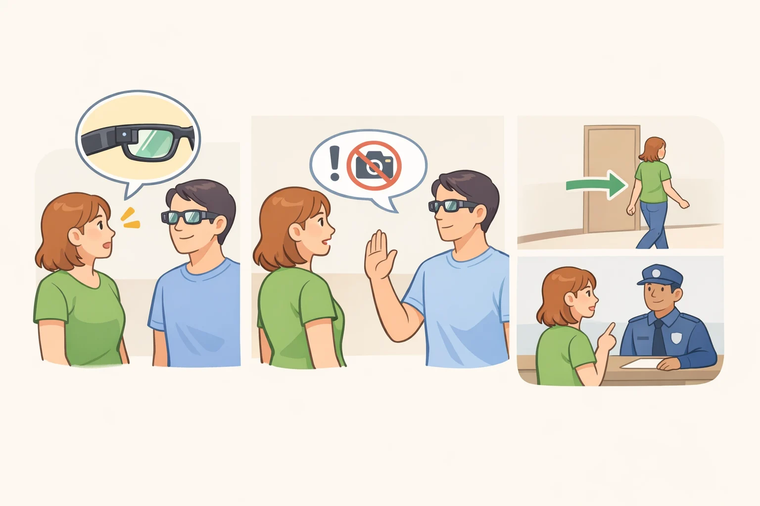 Illustration of a bystander detecting smart glasses with a potential alert, verbally objecting to being filmed, then leaving the area or reporting to the venue