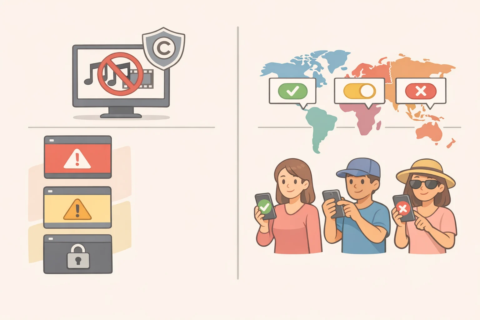 Side-by-side graphic comparing automated copyright enforcement on video platforms with fragmented, jurisdiction-dependent privacy protections for bystanders of smart glasses recording