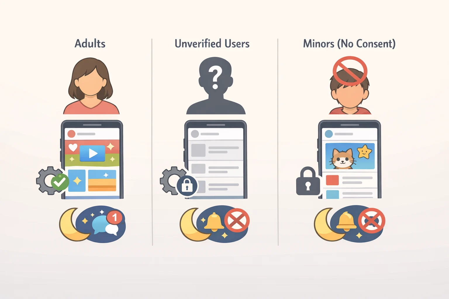 Side-by-side mock screens showing what users see after January 25, 2027: adults getting algorithmic feeds, unverified users prompted or restricted, minors without parental consent seeing chronological feeds and a midnight-to-6 a.m. notification blackout