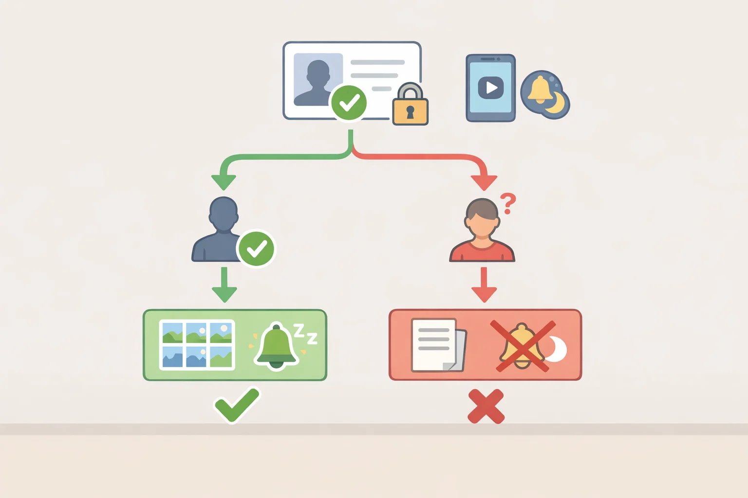 Flowchart explaining New York SAFE for Kids Act age verification: platforms verify adult status before enabling algorithmic feeds or midnight-to-6 a.m. notifications, with unconfirmed users defaulting to non-algorithmic options or parental-consent paths