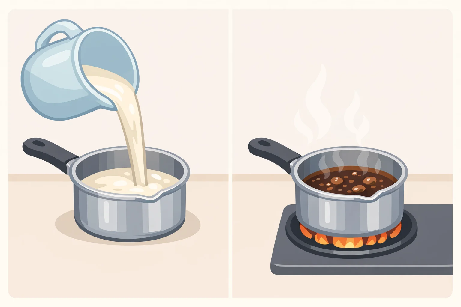 A small saucepan with horchata being reduced into a concentrated liquid for a horchata icebox cake recipe, intensifying cinnamon and almond flavor before mixing into the filling