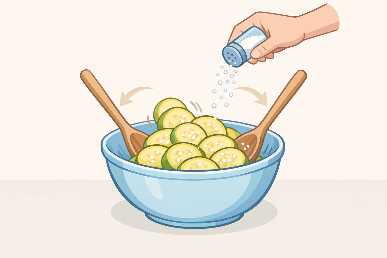Sliced yellow squash tossed with kosher salt in a large bowl, illustrating the 10-minute salting step for one-pan burrata summer veggie bake