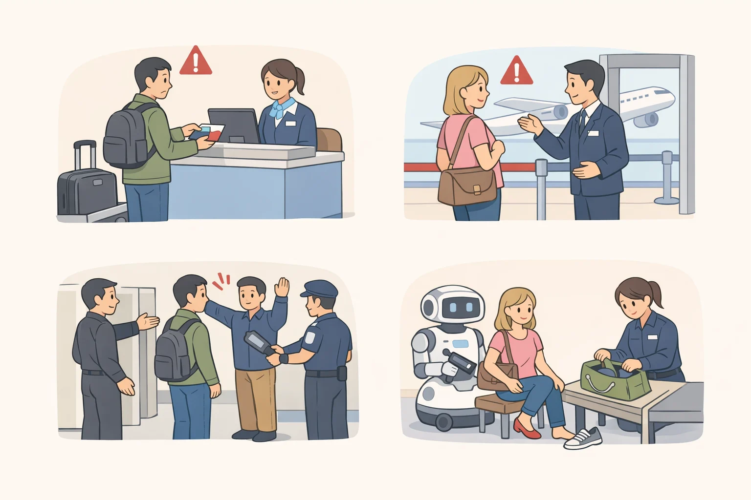 Illustration of travelers at airline check-in and the gate where a humanoid or animal-like robot is flagged and stopped from boarding under the United Airlines robot ban