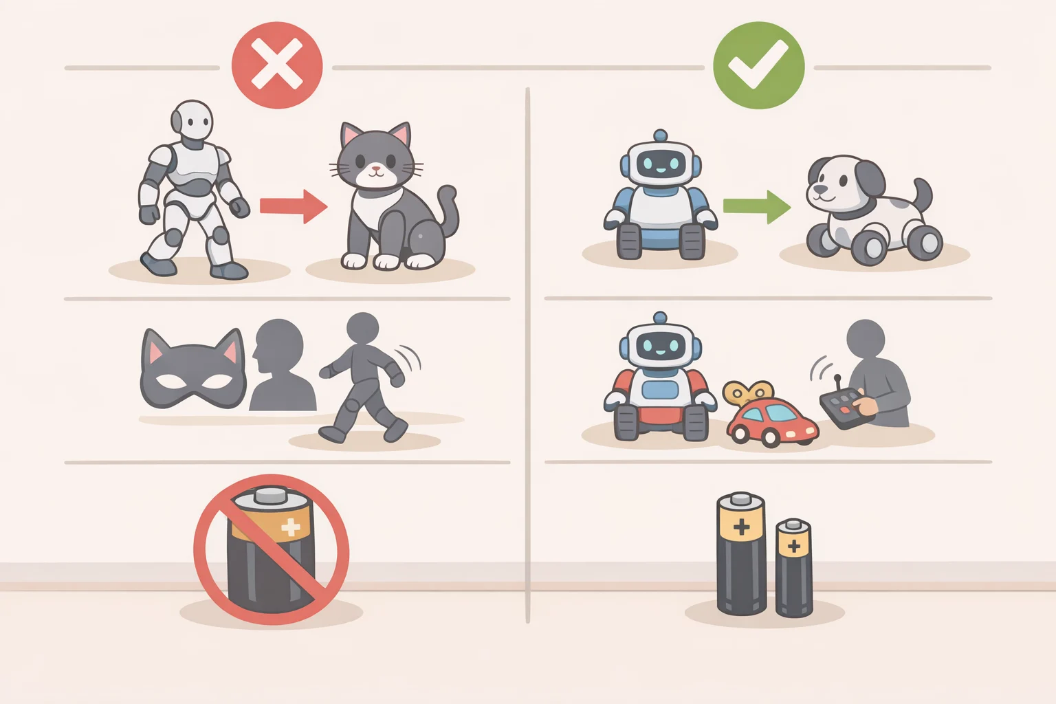 United Airlines robot ban infographic comparing banned humanoid and animal-like robots with permitted small robotic toys that meet carry-on size and battery rules
