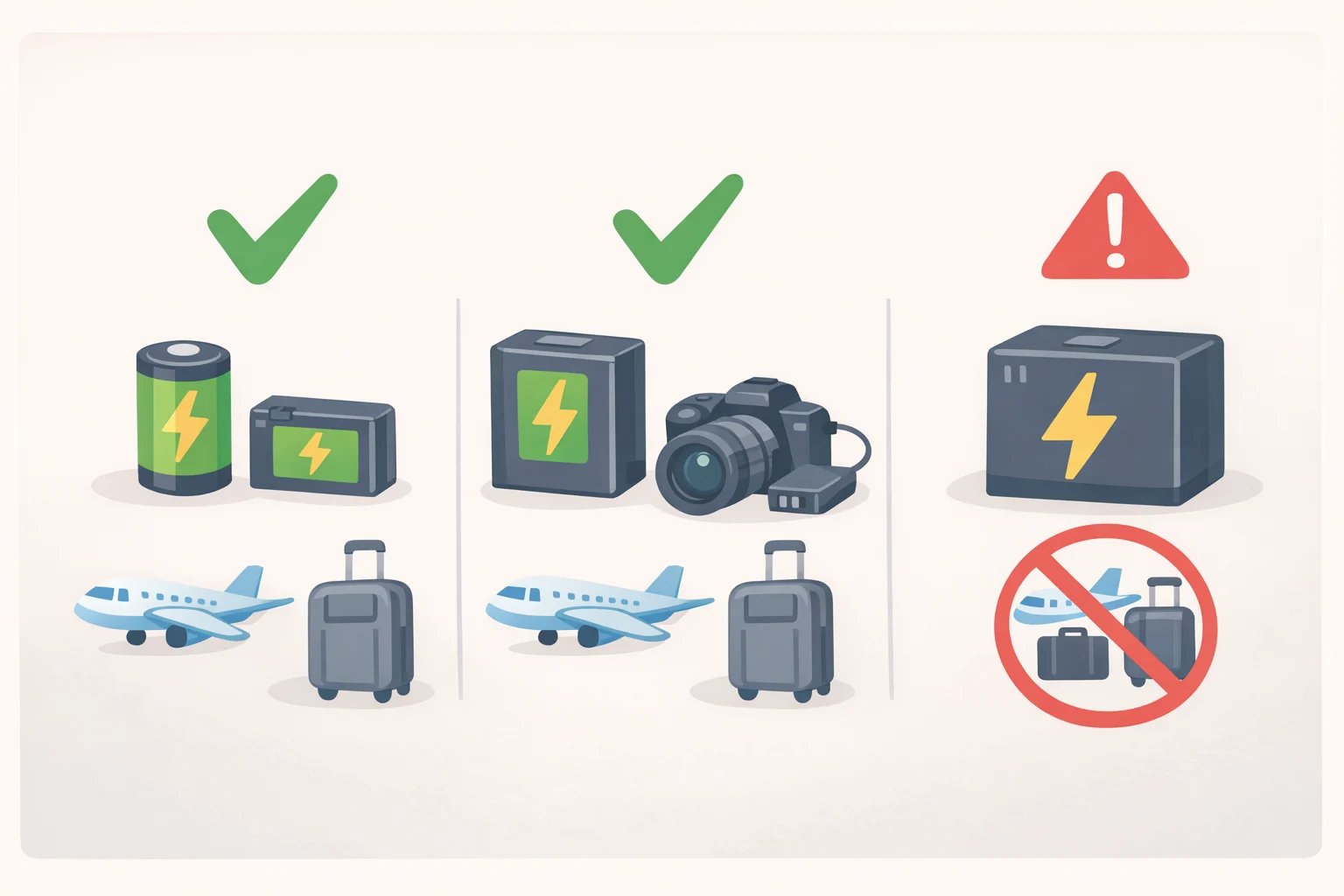 Diagram of lithium-ion battery watt-hour thresholds mentioned in the United Airlines robot ban, showing single-cell, dual-battery, and three-plus battery restrictions
