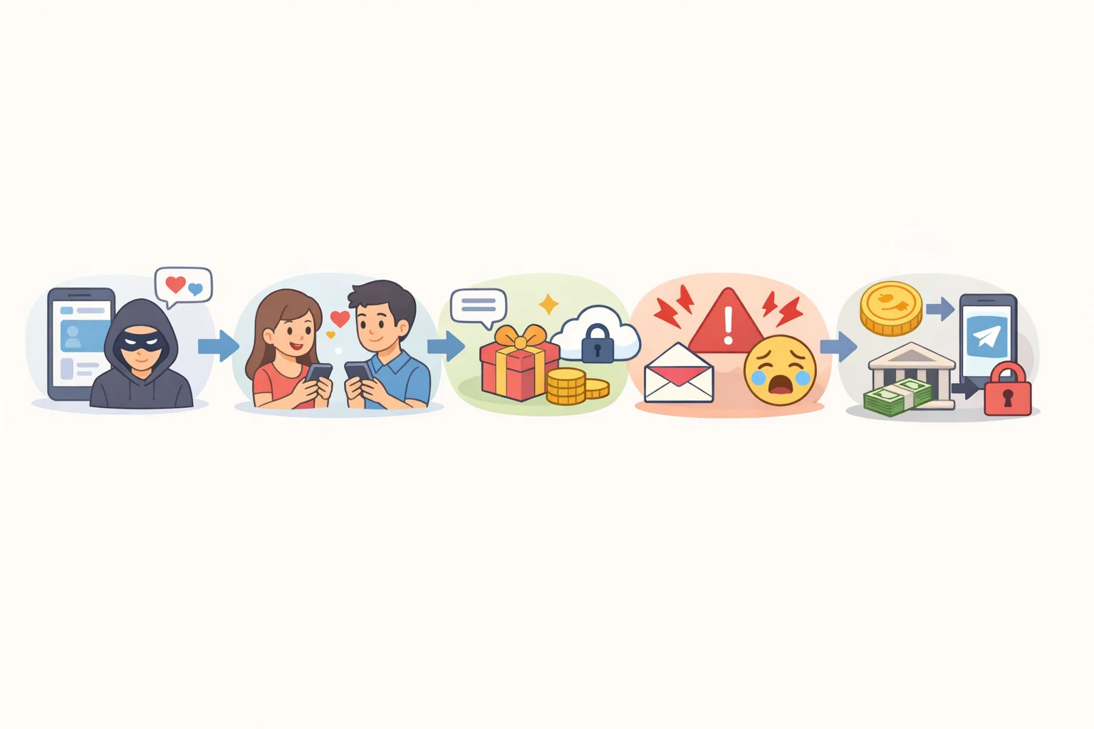 Illustration of a social-media scam sequence where a victim is moved to direct messages and then asked to pay via crypto wallet or bank transfer with limited recovery