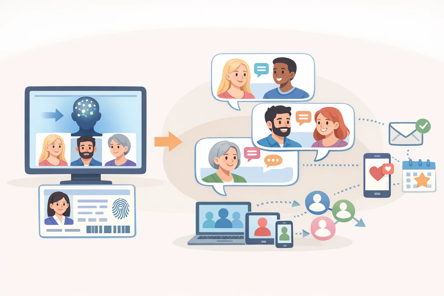Illustration showing AI generating synthetic identities and fake profiles, then powering personalized scam messages for government or bank impersonation during 2025