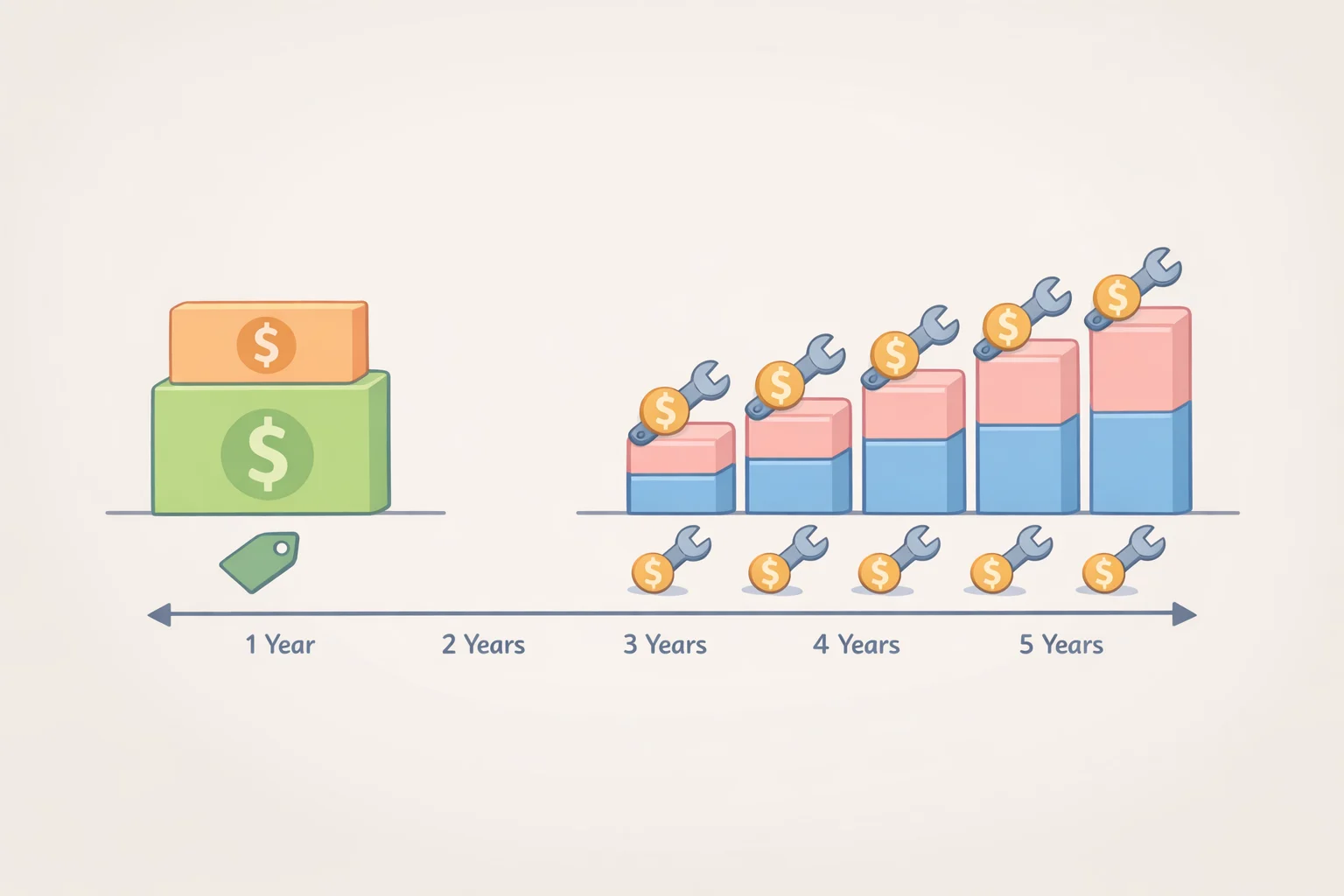 Five-year total cost chart comparing Tile vs AirTag battery life for AirTag, Tile Pro, and sealed Tile models with battery swap and replacement milestones