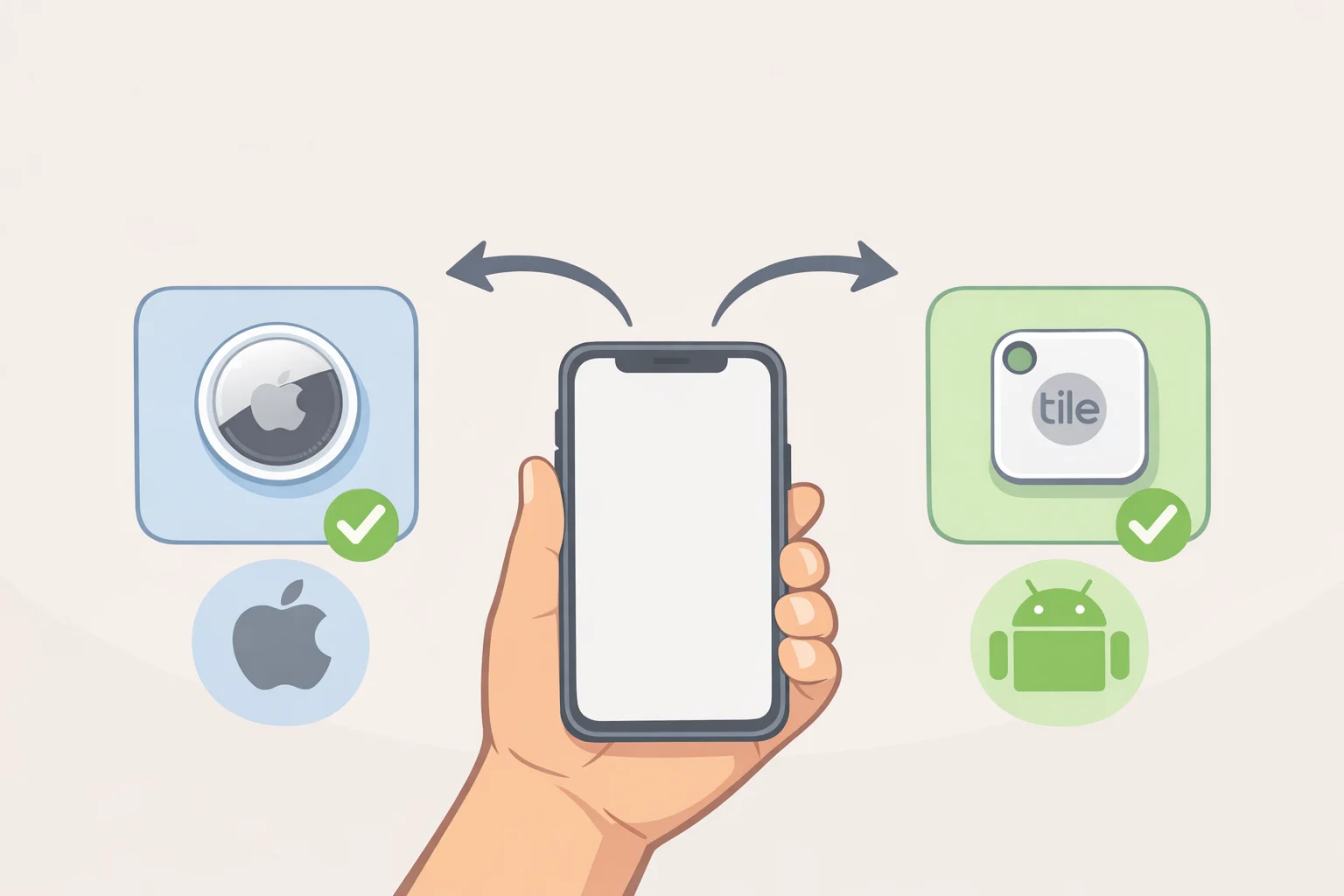 Decision diagram illustrating that AirTag works with iPhone/iOS while Android users must choose Tile for setup and tracking